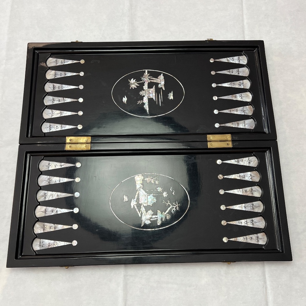Vintage 1960s Horn Chess & Backgammon Set Large Mother of Pearl Inlaid Board - Picture 14 of 16